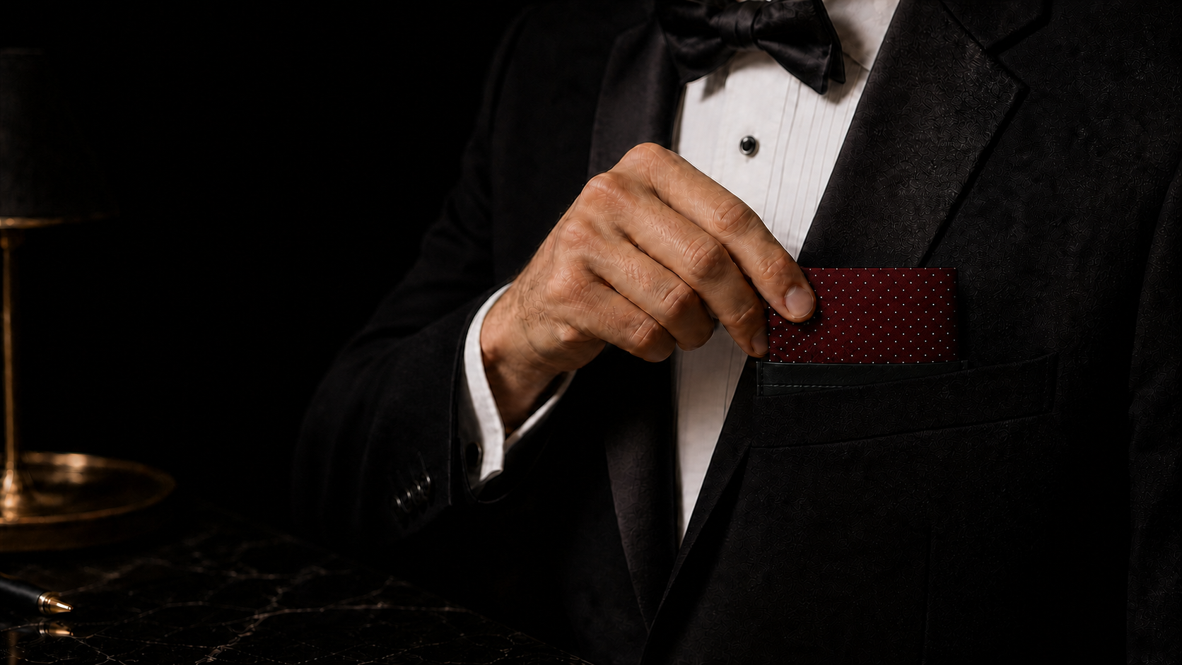 Loaded pocket square holder sliding fully inside a tuxedo breast pocket