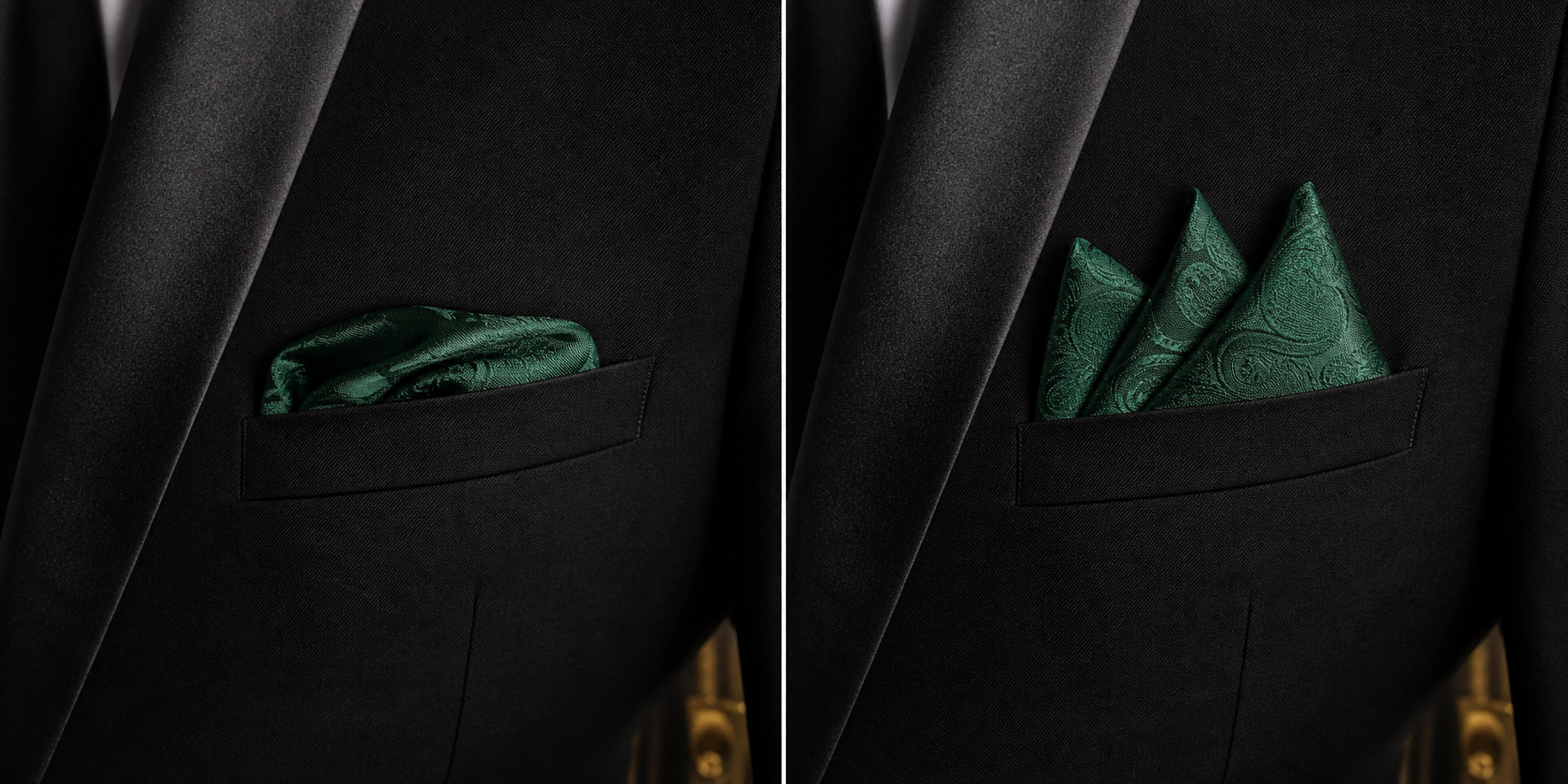 The same emerald paisley pocket square shown sinking and then held in a crisp three-point fold