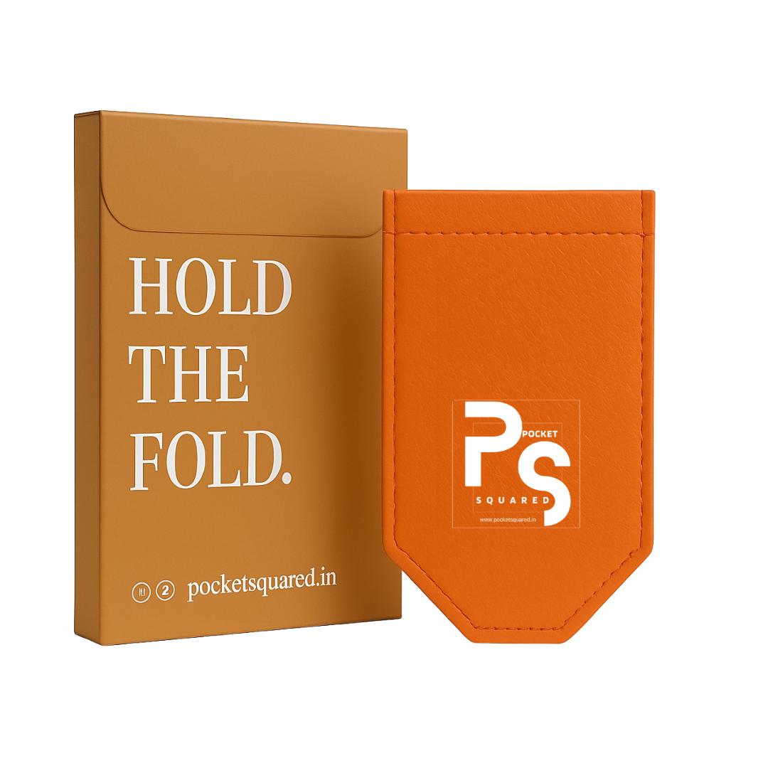 Orange Pocket Square Holder with its original Pocket Squared packaging